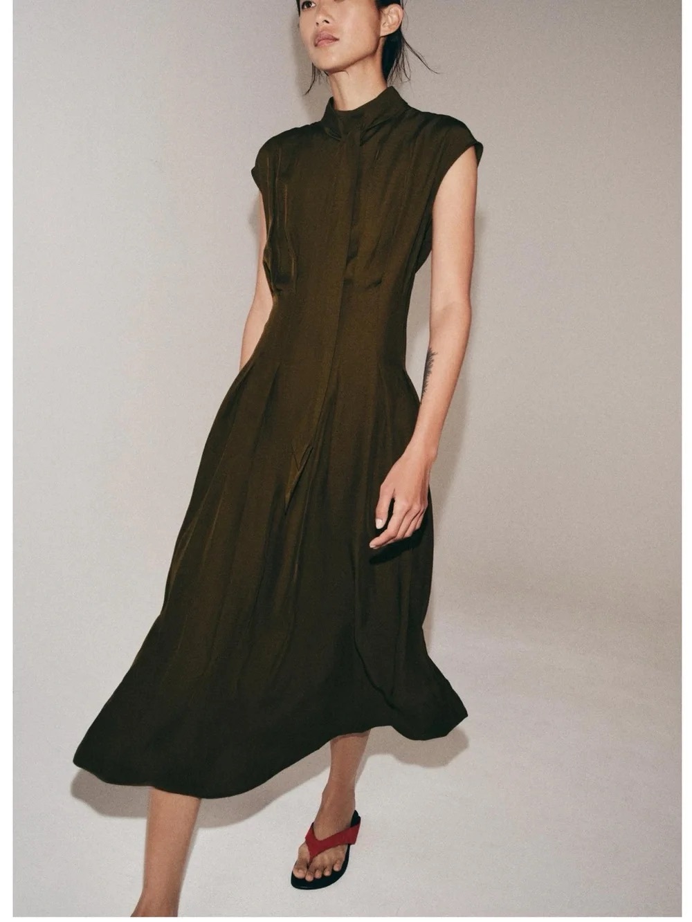 Zara Olive Green Midi Dress with High Neck